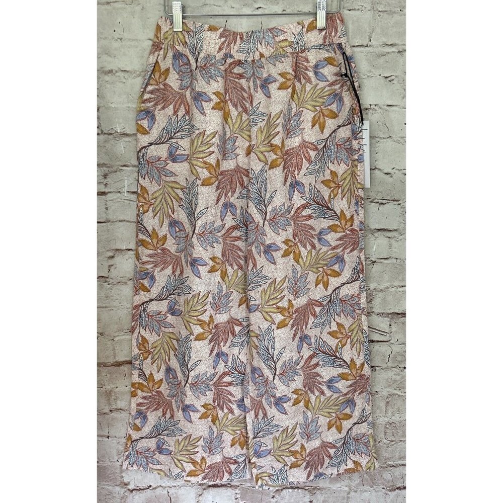 Nicole Miller Womens S Pull On Pants Pink Tropical 100% Linen Cropped Wide Leg